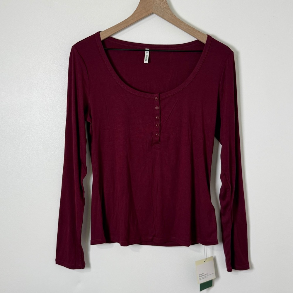 Halara Henley Top Women Large Burgundy Long‎ Sleeve Scoop Neck Athleisure Shirt
